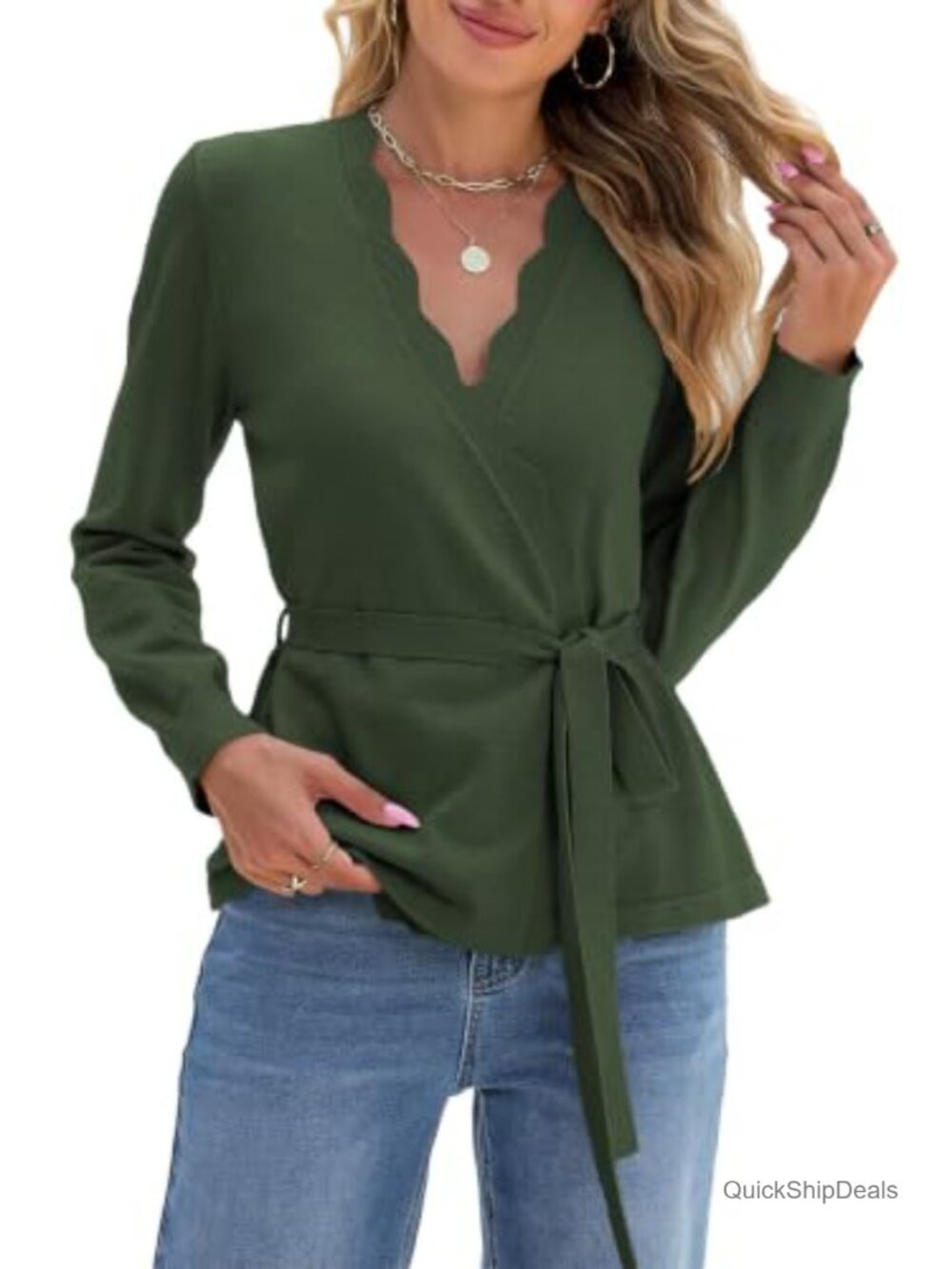 Women's Long Sleeve V-Neck Knit Cardigan with Self-Tie Belt